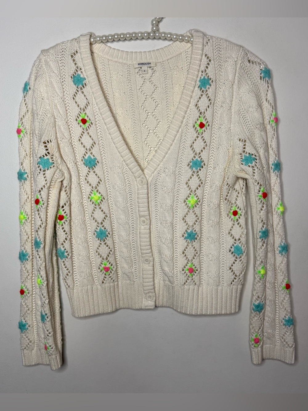 Manoush Embroidered Cable Knit Cardigan Sweater